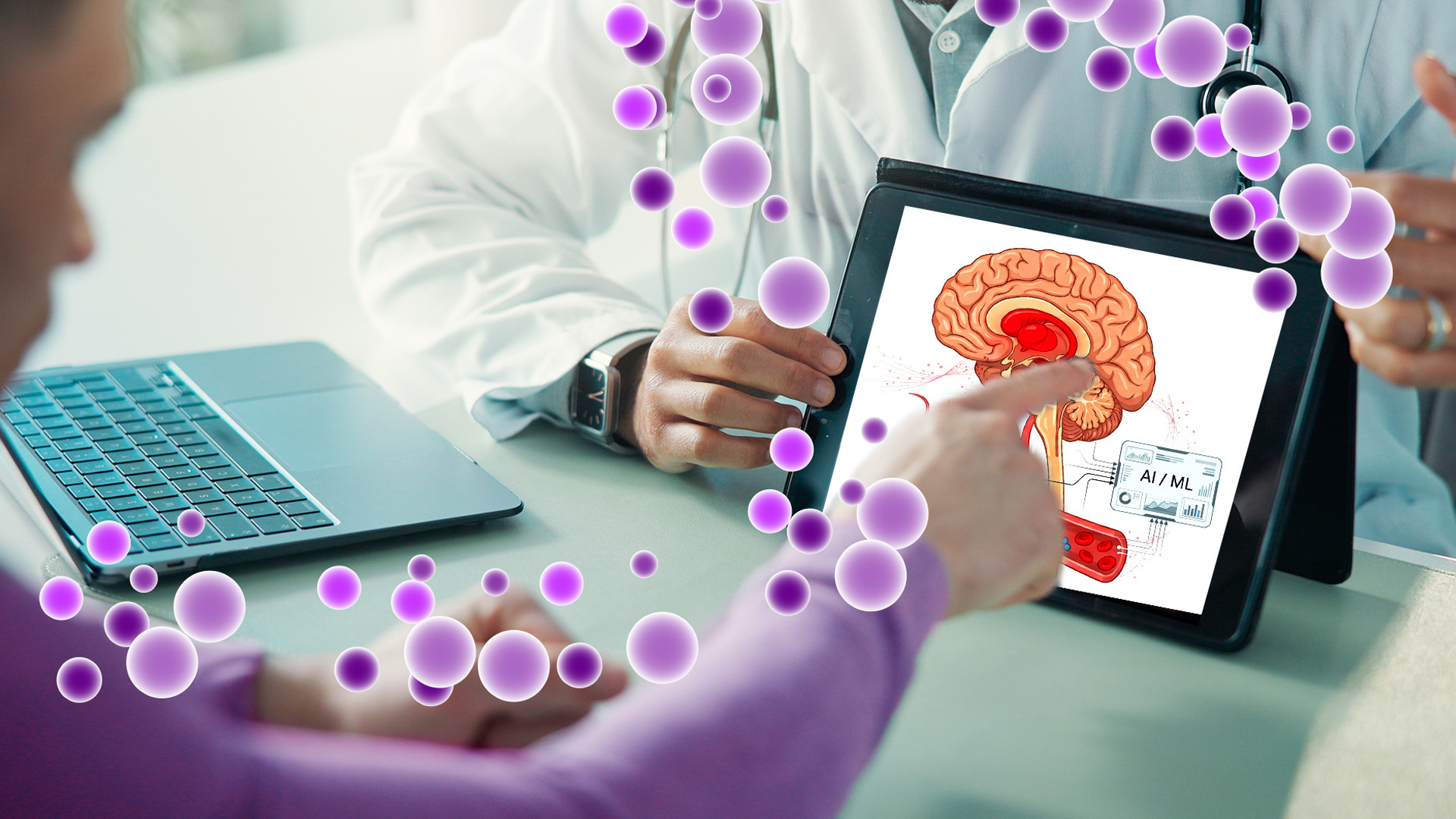 L'immagine rappresenta persone durante una consultazione medica con un tablet che mostra un cervello e riferimenti all'intelligenza artificiale.